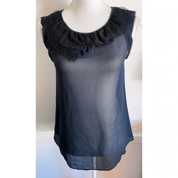 Theory • Navy Sheer With Black Lace Neckline Tank Top - Picture 1 of 5